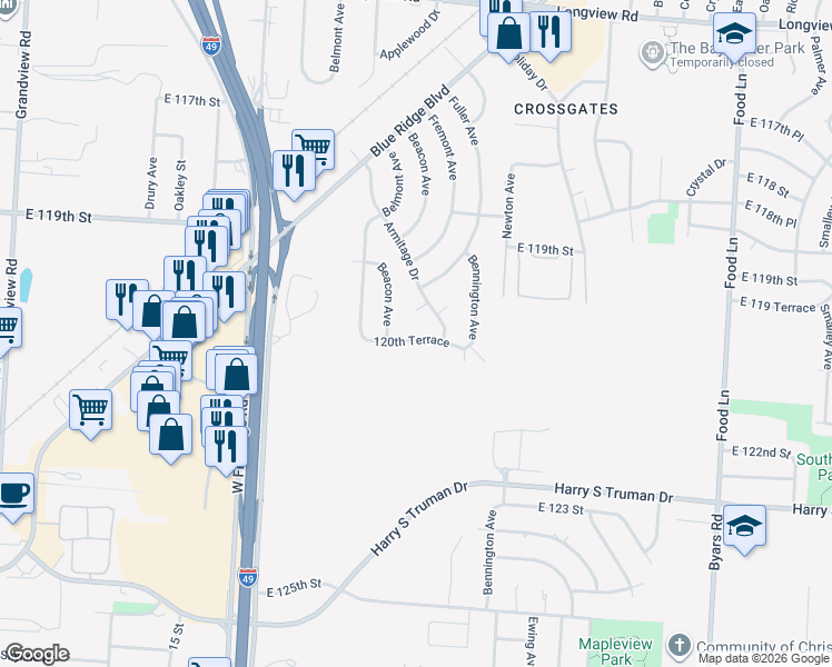 map of restaurants, bars, coffee shops, grocery stores, and more near 6301 120th Terrace in Grandview