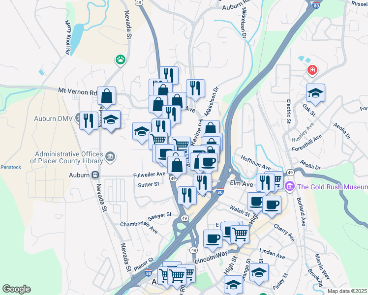 map of restaurants, bars, coffee shops, grocery stores, and more near 420 Grass Valley Highway in Auburn