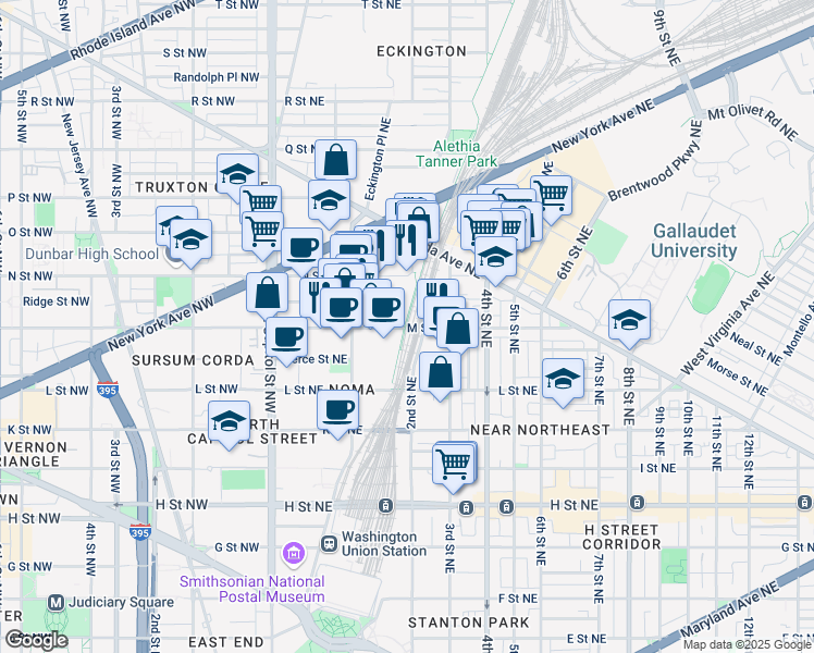 map of restaurants, bars, coffee shops, grocery stores, and more near 76 Metropolitan Branch Trail in Washington