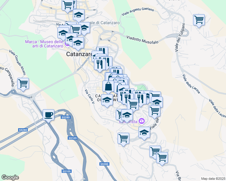 map of restaurants, bars, coffee shops, grocery stores, and more near 151-159 Corso Giuseppe Mazzini in Catanzaro