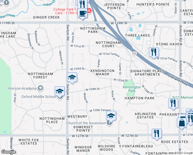 map of restaurants, bars, coffee shops, grocery stores, and more near 9805 West 123rd Street in Overland Park