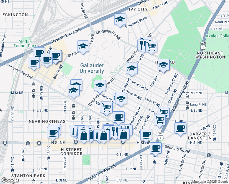 map of restaurants, bars, coffee shops, grocery stores, and more near 1157 Oates Street Northeast in Washington