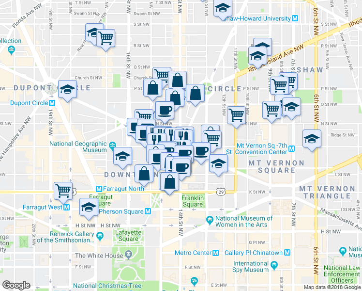 map of restaurants, bars, coffee shops, grocery stores, and more near 1 Thomas Circle Northwest in Washington
