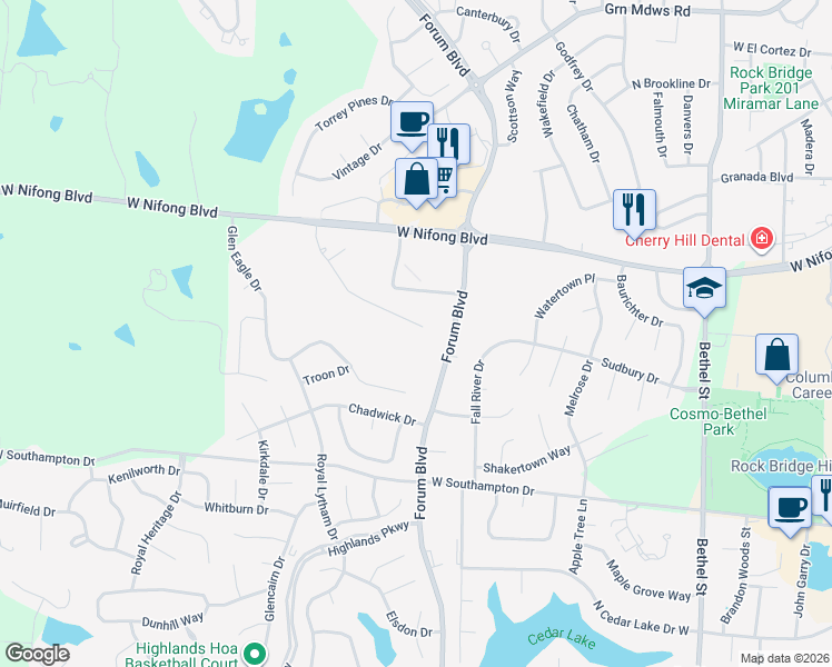 map of restaurants, bars, coffee shops, grocery stores, and more near 1100 Willowcreek Lane in Columbia