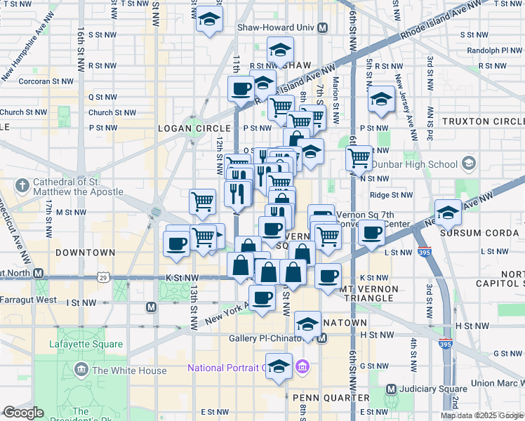 map of restaurants, bars, coffee shops, grocery stores, and more near 933 M Street Northwest in Washington