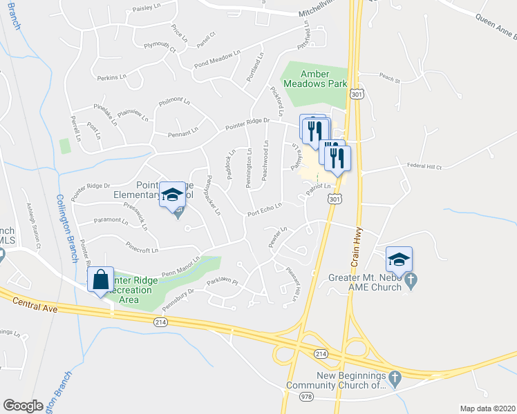 map of restaurants, bars, coffee shops, grocery stores, and more near 1200 Port Echo Lane in Bowie