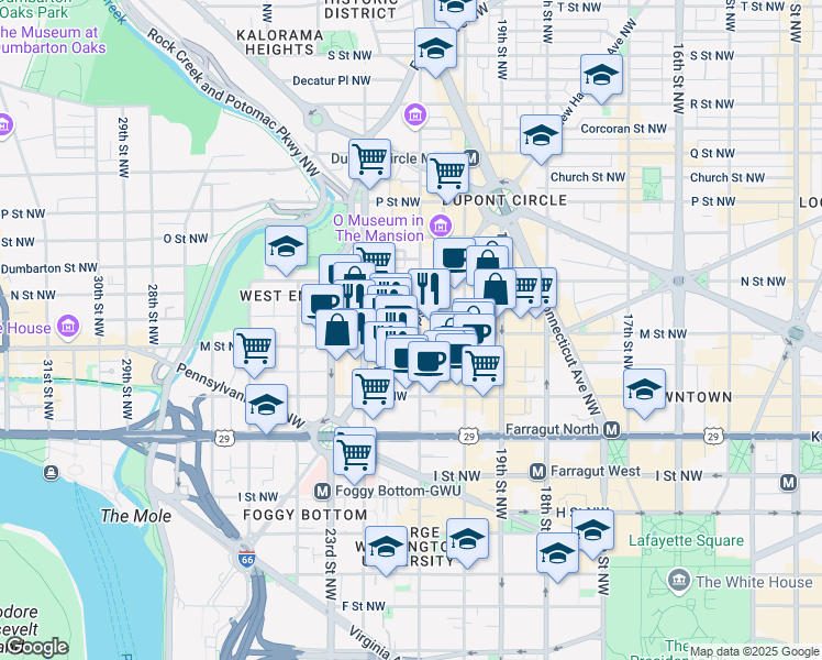 map of restaurants, bars, coffee shops, grocery stores, and more near 1215 New Hampshire Avenue Northwest in Washington