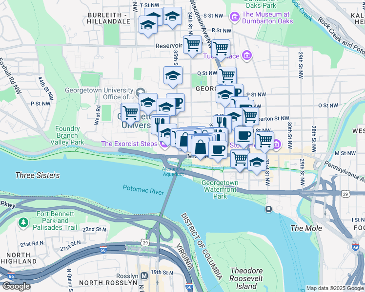 map of restaurants, bars, coffee shops, grocery stores, and more near 3418 Prospect Street Northwest in Washington