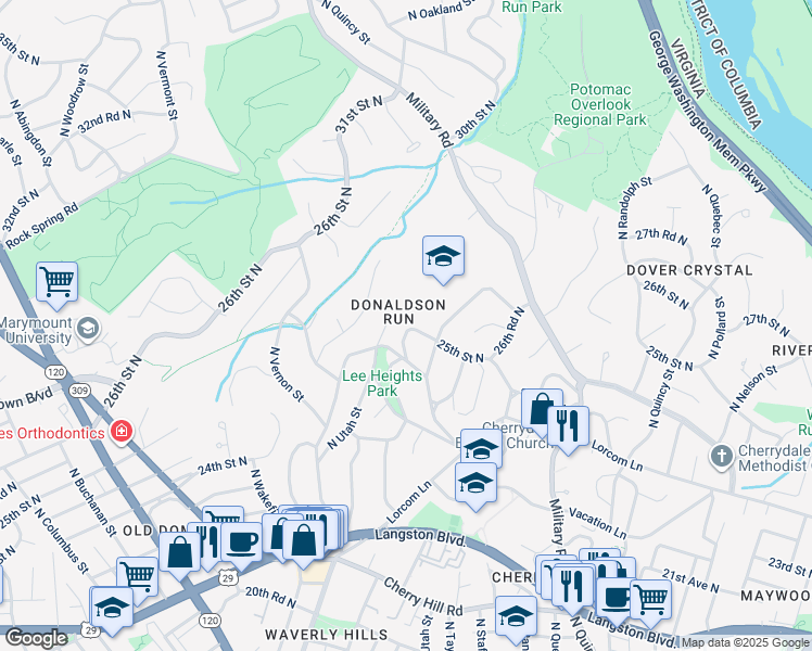 map of restaurants, bars, coffee shops, grocery stores, and more near 4253 25th Street North in Arlington