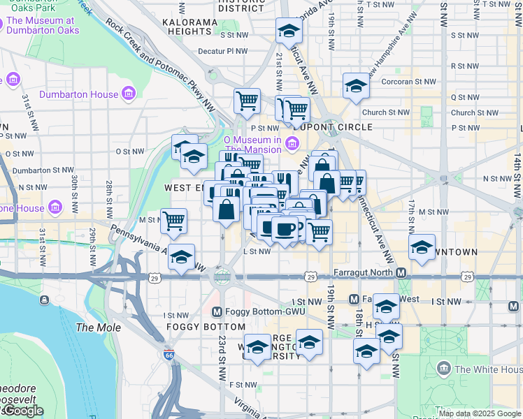 map of restaurants, bars, coffee shops, grocery stores, and more near 1200 New Hampshire Avenue Northwest in Washington
