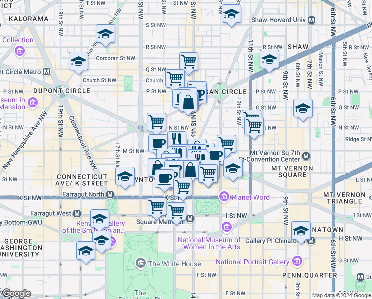 map of restaurants, bars, coffee shops, grocery stores, and more near 1400 M Street Northwest in Washington