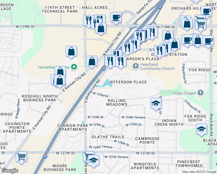 map of restaurants, bars, coffee shops, grocery stores, and more near 12251 South Strang Line Road in Olathe