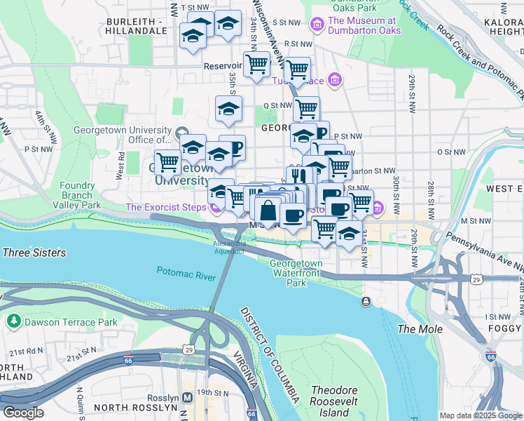 map of restaurants, bars, coffee shops, grocery stores, and more near 3338 Prospect Street Northwest in Washington