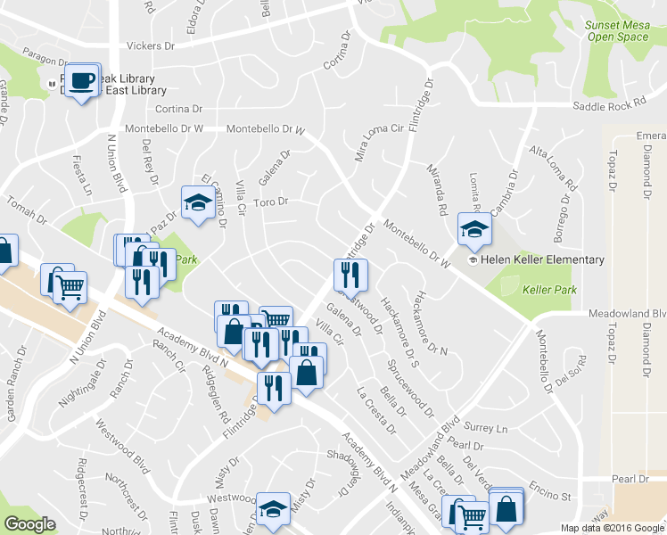 map of restaurants, bars, coffee shops, grocery stores, and more near 3375 El Canto Drive in Colorado Springs