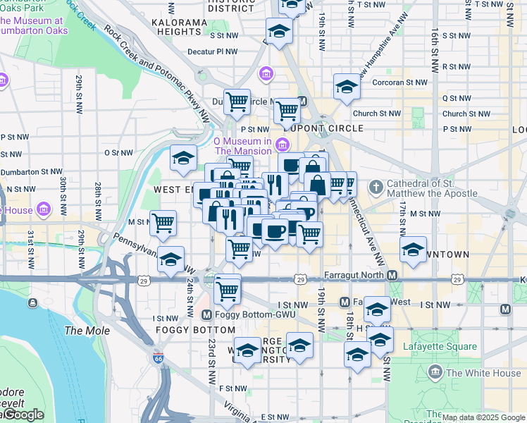 map of restaurants, bars, coffee shops, grocery stores, and more near 1215 New Hampshire Avenue Northwest in Washington