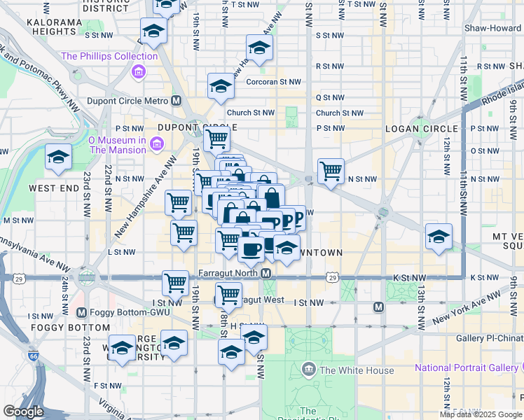 map of restaurants, bars, coffee shops, grocery stores, and more near 1730 Rhode Island Avenue Northwest in Washington