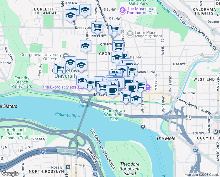 map of restaurants, bars, coffee shops, grocery stores, and more near 1223 33rd Street Northwest in Washington
