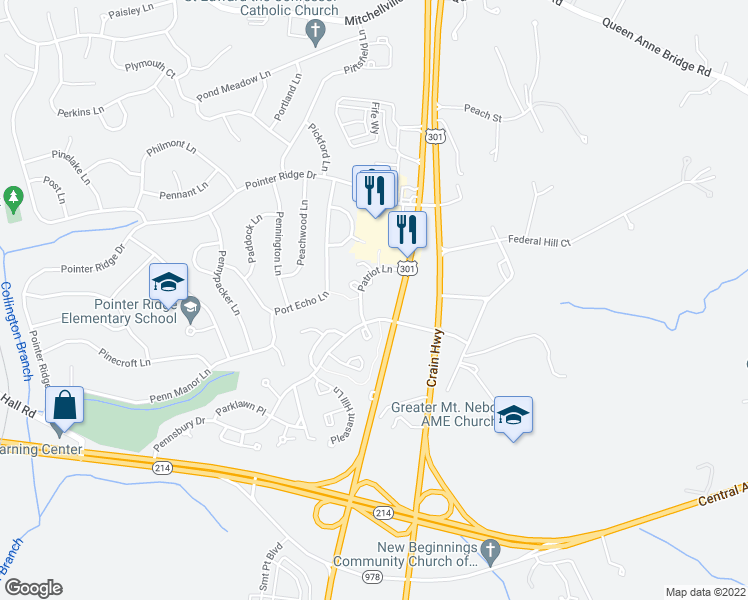 map of restaurants, bars, coffee shops, grocery stores, and more near 16420 Pennsbury Drive in Bowie