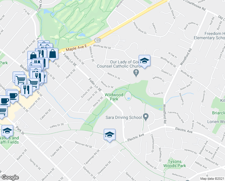 map of restaurants, bars, coffee shops, grocery stores, and more near 513 Mashie Drive Southeast in Vienna