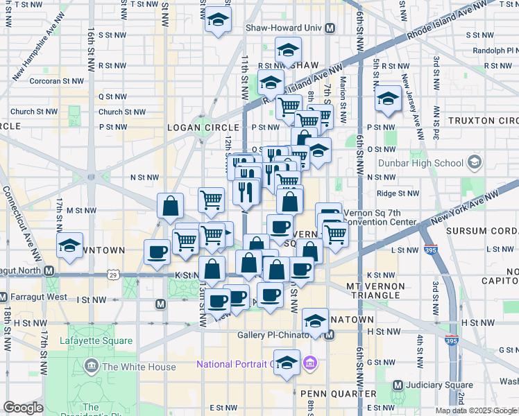 map of restaurants, bars, coffee shops, grocery stores, and more near 1011 M Street Northwest in Washington