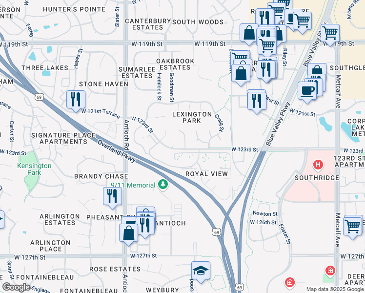 map of restaurants, bars, coffee shops, grocery stores, and more near 12230 Goodman Street in Overland Park