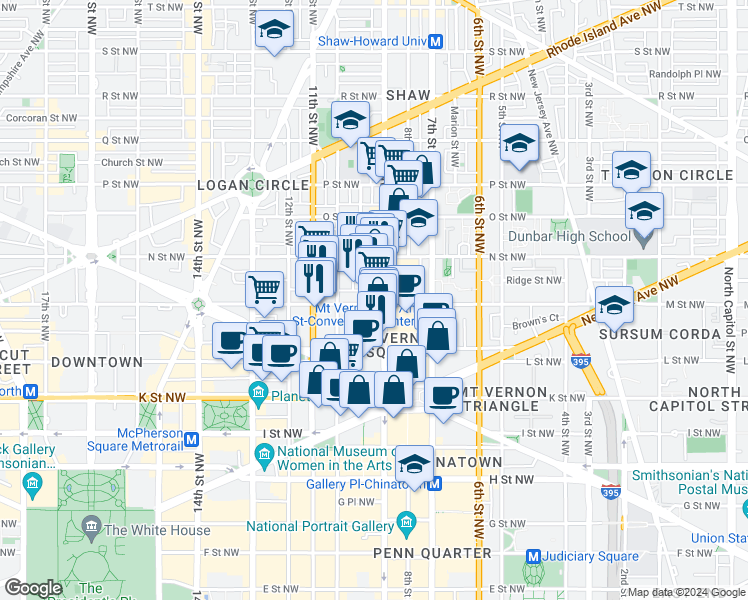 map of restaurants, bars, coffee shops, grocery stores, and more near 901 M Street Northwest in Washington