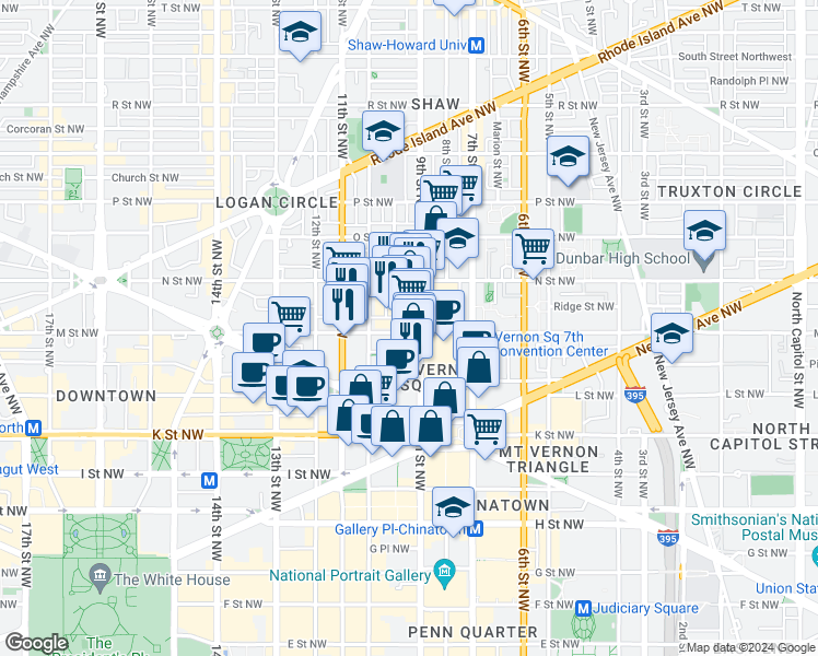 map of restaurants, bars, coffee shops, grocery stores, and more near 903 M Street Northwest in Washington