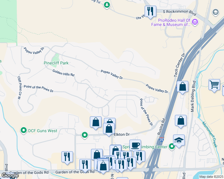 map of restaurants, bars, coffee shops, grocery stores, and more near 550 Autumn Crest Circle in Colorado Springs
