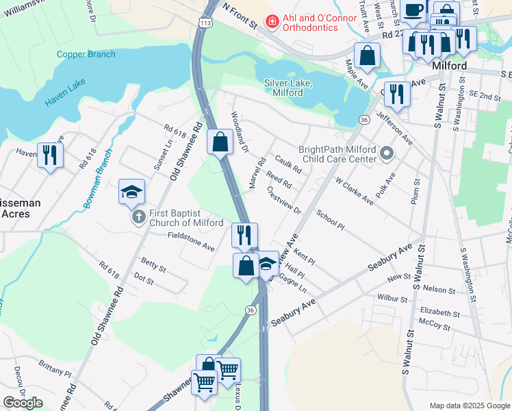 map of restaurants, bars, coffee shops, grocery stores, and more near 409 South Dupont Boulevard in Milford