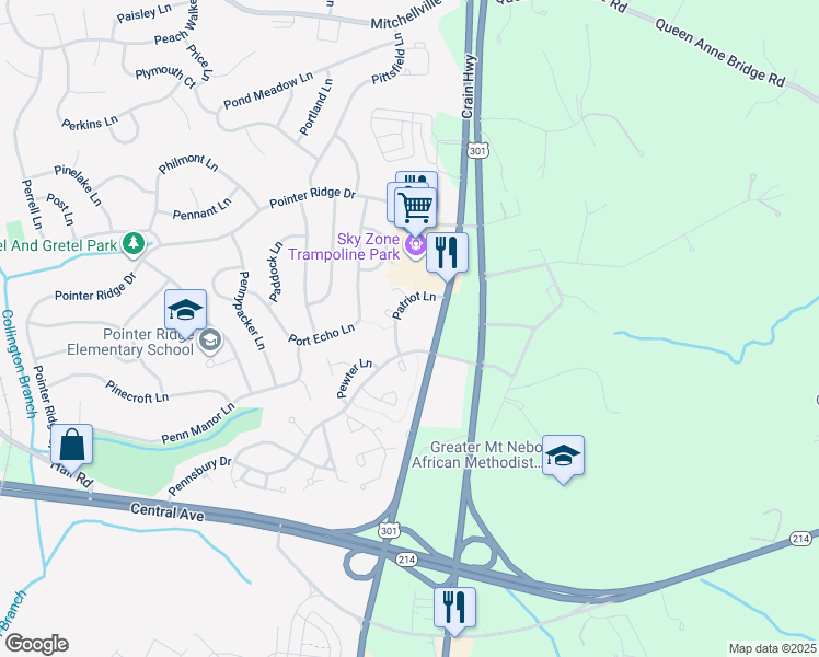 map of restaurants, bars, coffee shops, grocery stores, and more near 16420 Pennsbury Drive in Bowie