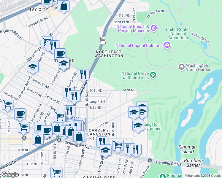 map of restaurants, bars, coffee shops, grocery stores, and more near 101 Independence Avenue Southeast in Washington