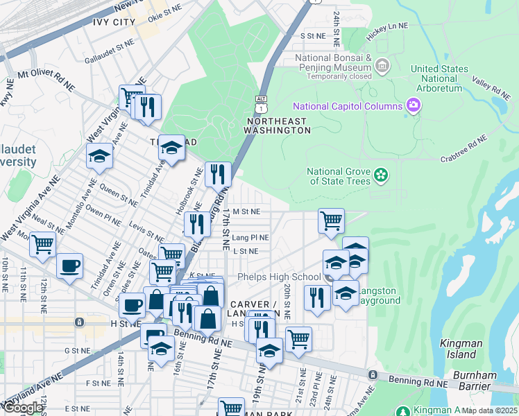 map of restaurants, bars, coffee shops, grocery stores, and more near 101 Independence Avenue Southeast in Washington