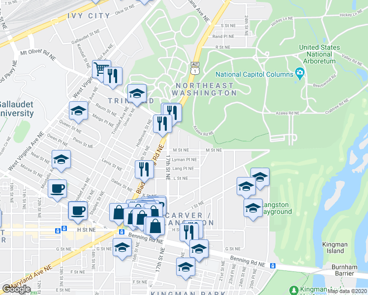 map of restaurants, bars, coffee shops, grocery stores, and more near 101 Independence Avenue Southeast in Washington