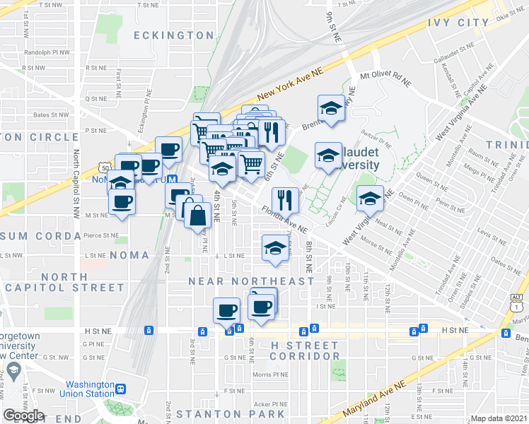 map of restaurants, bars, coffee shops, grocery stores, and more near 101 Independence Avenue Southeast in Washington