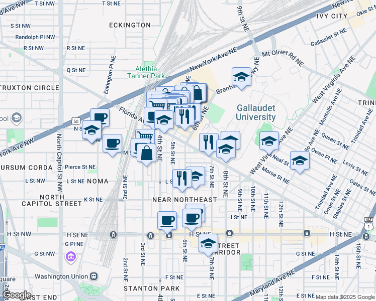 map of restaurants, bars, coffee shops, grocery stores, and more near 101 Independence Avenue Southeast in Washington