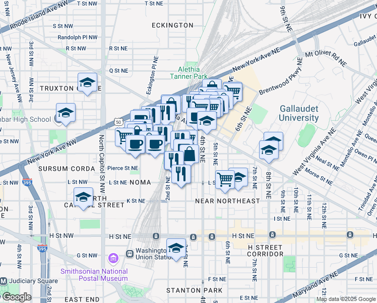 map of restaurants, bars, coffee shops, grocery stores, and more near 101 Independence Avenue Southeast in Washington