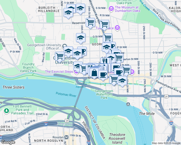 map of restaurants, bars, coffee shops, grocery stores, and more near 3348 Prospect Street Northwest in Washington