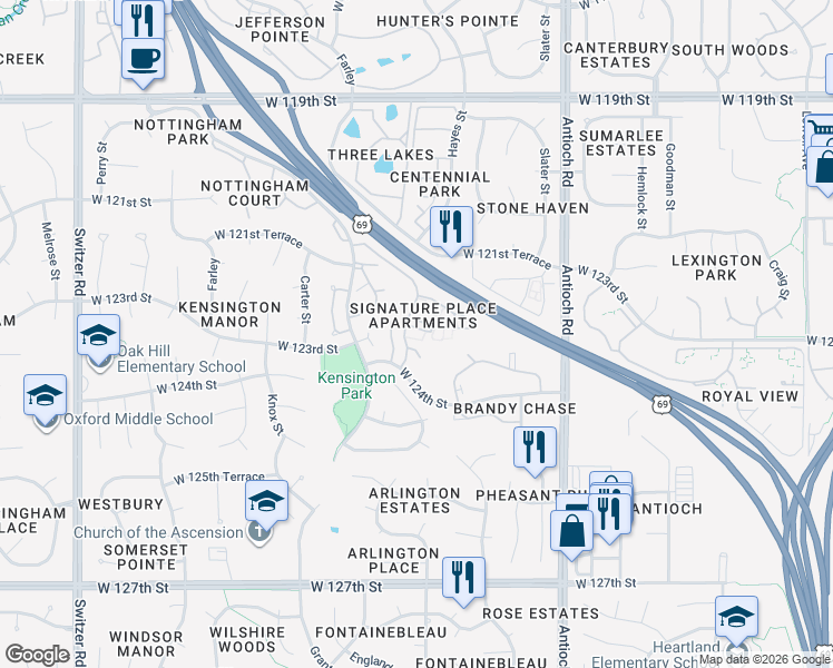map of restaurants, bars, coffee shops, grocery stores, and more near 9166 West 122nd Street in Overland Park