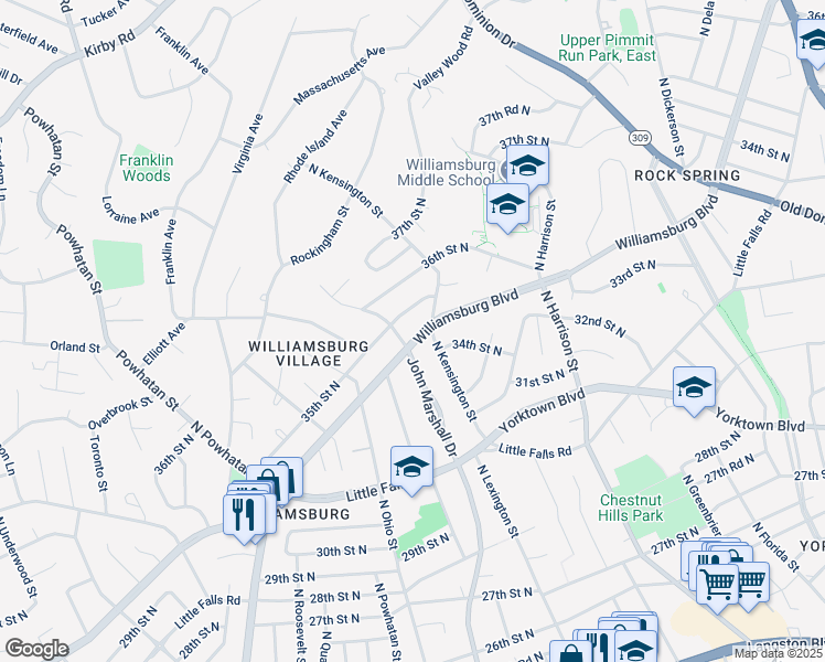 map of restaurants, bars, coffee shops, grocery stores, and more near 5801 Williamsburg Boulevard in Arlington