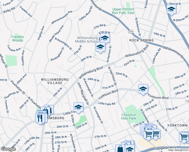 map of restaurants, bars, coffee shops, grocery stores, and more near 5509 33rd Street North in Arlington