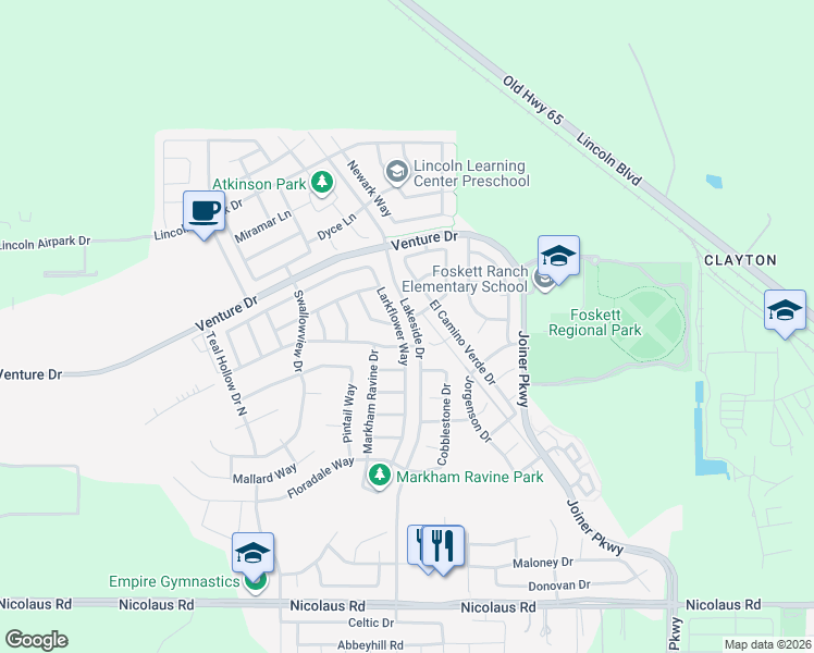 map of restaurants, bars, coffee shops, grocery stores, and more near 1595 Larkflower Way in Lincoln