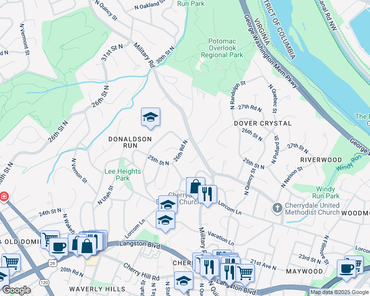 map of restaurants, bars, coffee shops, grocery stores, and more near 4112 26th Road North in Arlington