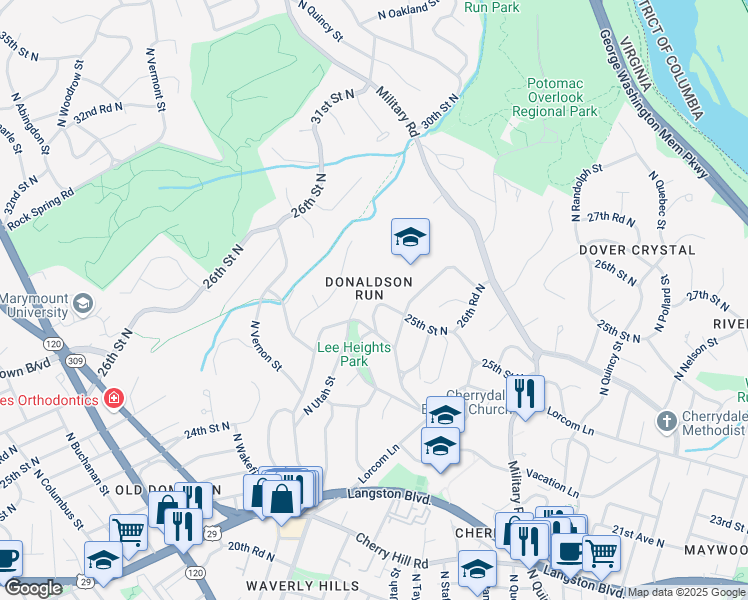 map of restaurants, bars, coffee shops, grocery stores, and more near 4253 25th Street North in Arlington