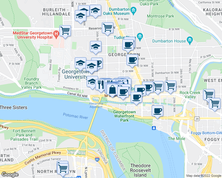 map of restaurants, bars, coffee shops, grocery stores, and more near 3332 Prospect Street Northwest in Washington
