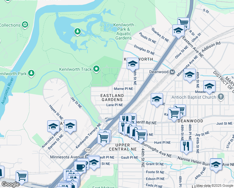 map of restaurants, bars, coffee shops, grocery stores, and more near 4210 Meade Street Northeast in Washington