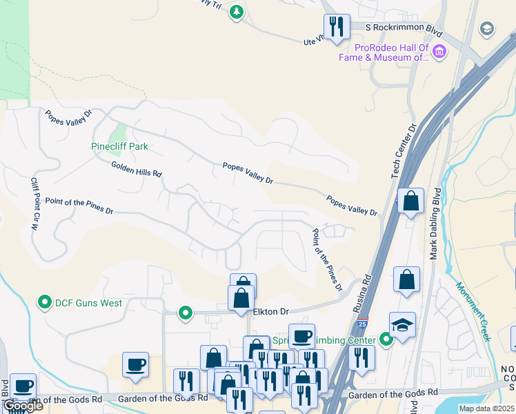 map of restaurants, bars, coffee shops, grocery stores, and more near 350 Cliff Falls Court in Colorado Springs
