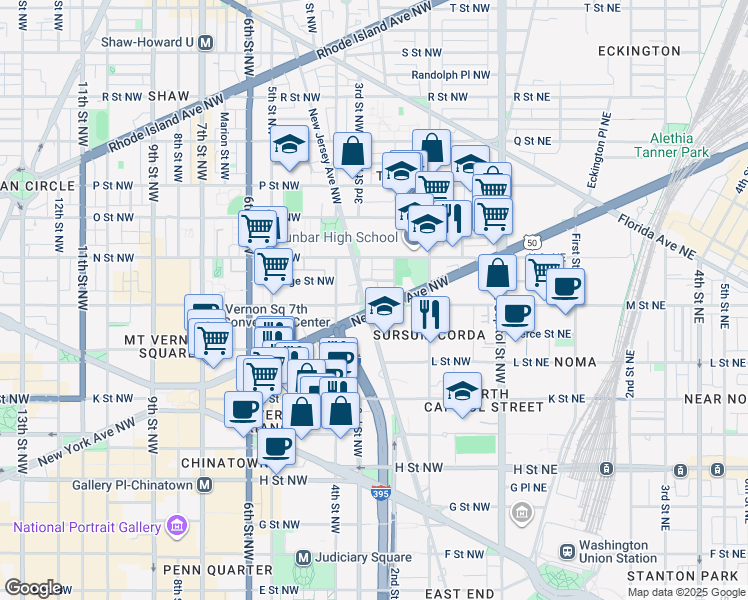map of restaurants, bars, coffee shops, grocery stores, and more near 1201 New Jersey Avenue Northwest in Washington