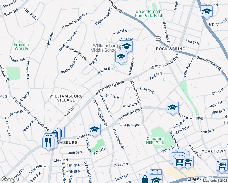map of restaurants, bars, coffee shops, grocery stores, and more near 5509 33rd Street North in Arlington