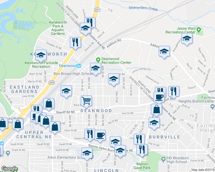 map of restaurants, bars, coffee shops, grocery stores, and more near 4911 Meade Street Northeast in Washington