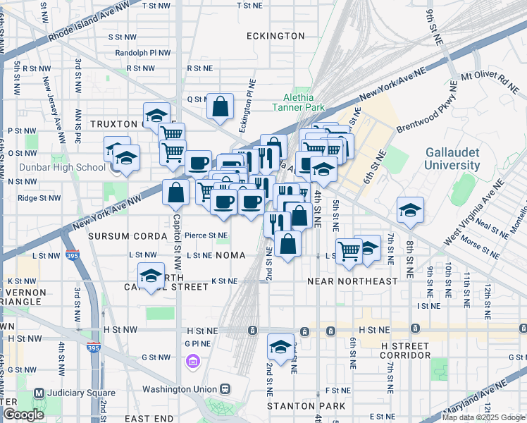 map of restaurants, bars, coffee shops, grocery stores, and more near 150 M Street Northeast in Washington